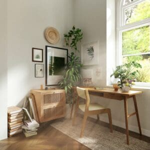 sala de estar con una mesa home office de madera y plantas de decoración